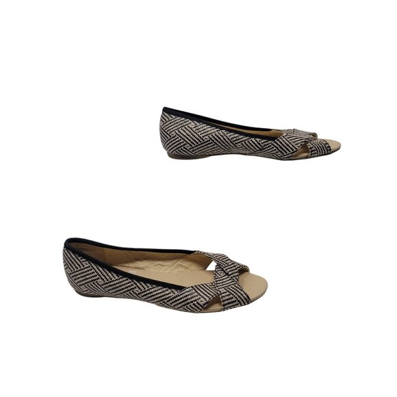 Report Vegan Geranium Herringbone Bow Peep-Toe Flats Sz 6 Beige Black Twee - Picture 6 of 11